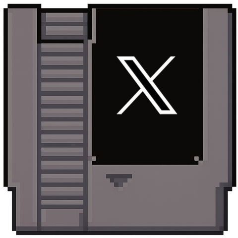Pixel art NES cartridge button with black X label, link to ShyJoystick official X profile