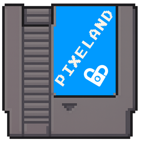 Pixel art NES cartridge button with blue label, link to ShyJoystick private content