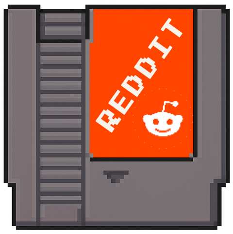 Pixel art NES cartridge button with orange Reddit label, link to ShyJoystick official Reddit profile